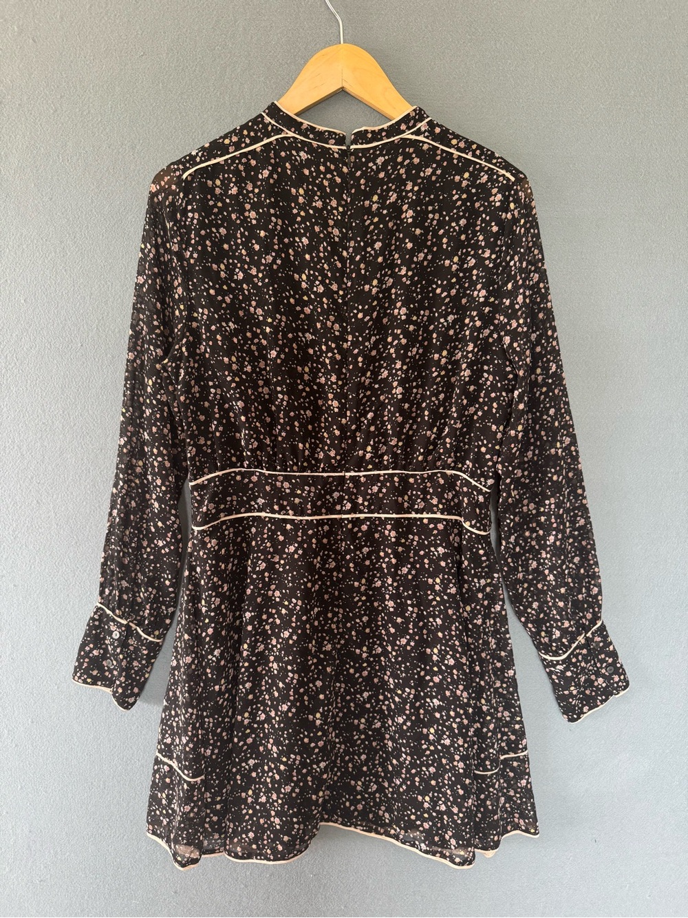 AllSaints Kay Pepper Dress US 10 Black Floral Long Sleeve Mini Sheer Ruffle Hem - Picture 5 of 8
